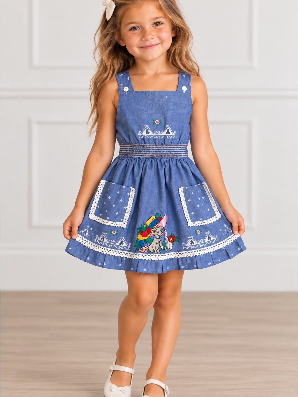 Vintage Girls Blue Embroidered Pinafore Dress Made in Italy Size 4-6
